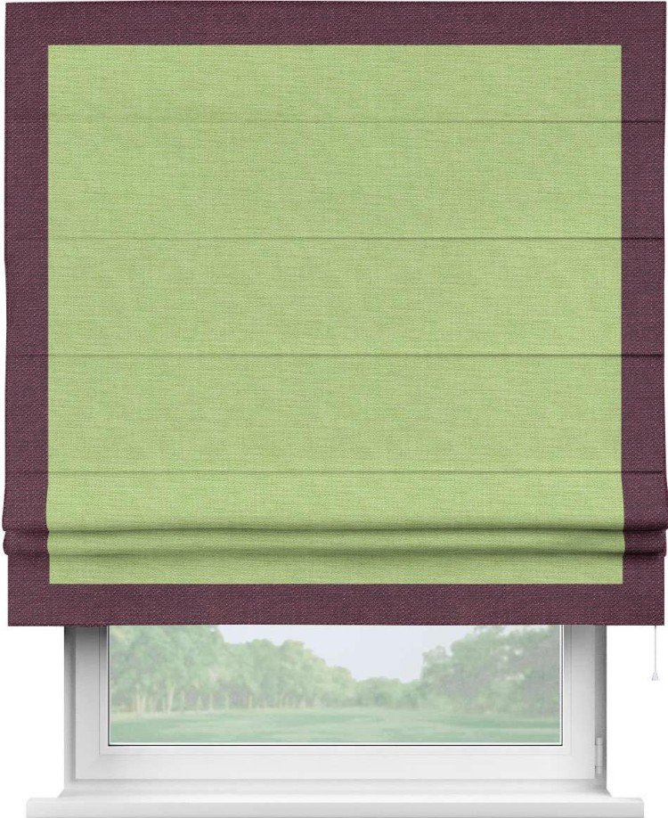 Римская штора «Кортин» с кантом Чесс, для проема, ткань лён зеленый