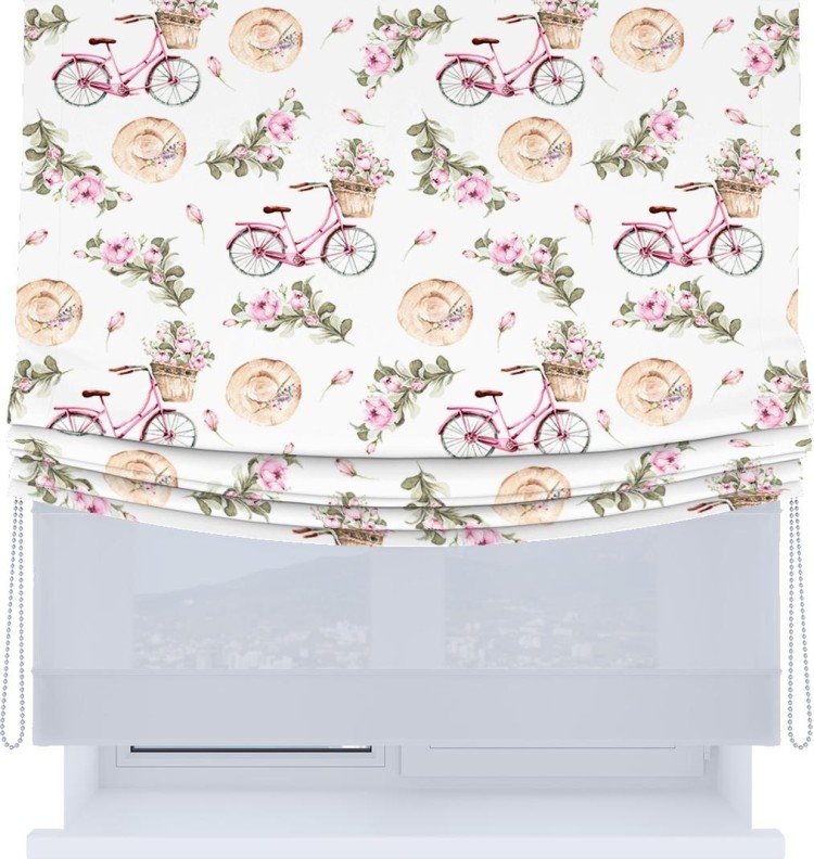 Римская штора «Кортин», день-ночь с мягкими складками, «Розовый велосипед»
